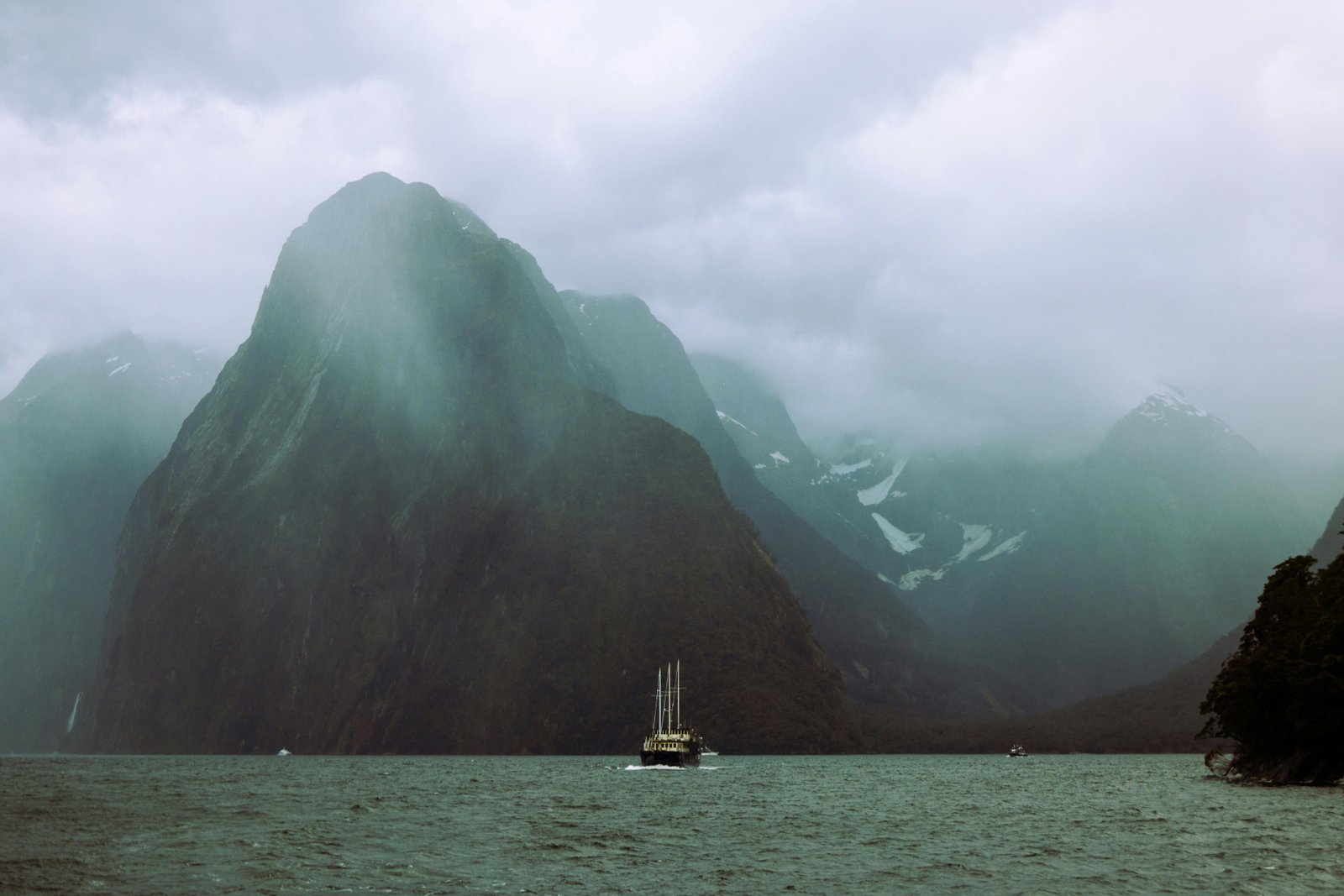 Nieuw-Zeeland Milford Sound fjord in de mist