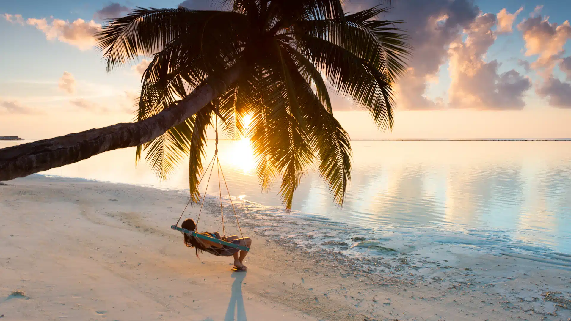 Hangmat tussen palmbomen aan het strand van een Maledivisch eiland