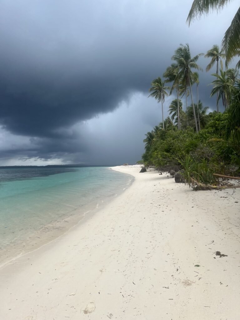 Donkere onweerswolken boven een wit strand in Balabac