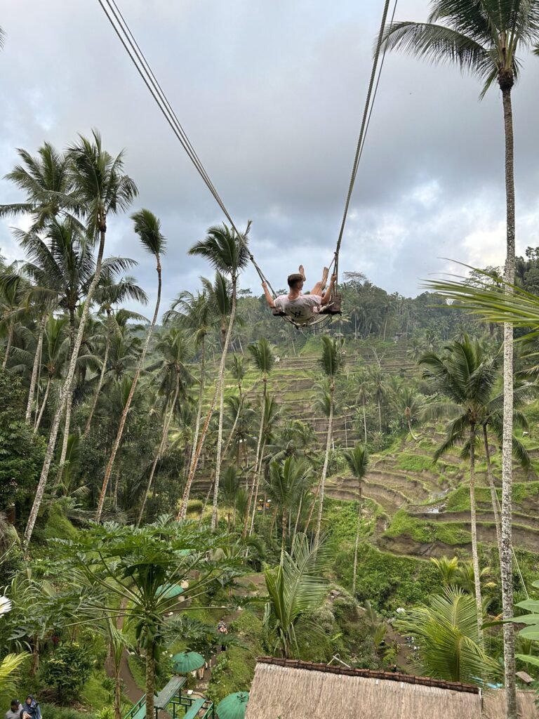 Grote schommel boven de rijstterrassen van Tegallalang bij Ubud