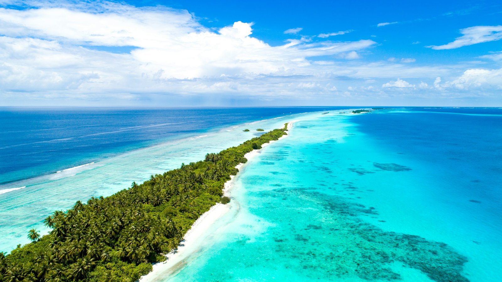 Luchtfoto van een langgerekt eiland met palmen en een koraalrif in turquoise water in de Malediven