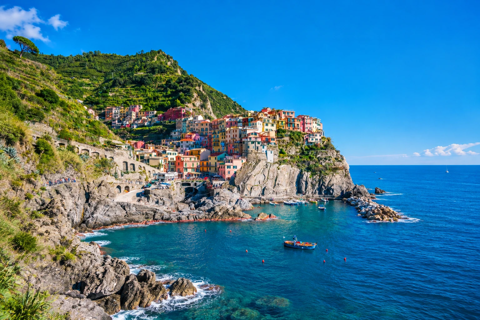 De kleurrijke huizen van Manarola boven de rotskust van Cinque Terre in Italië