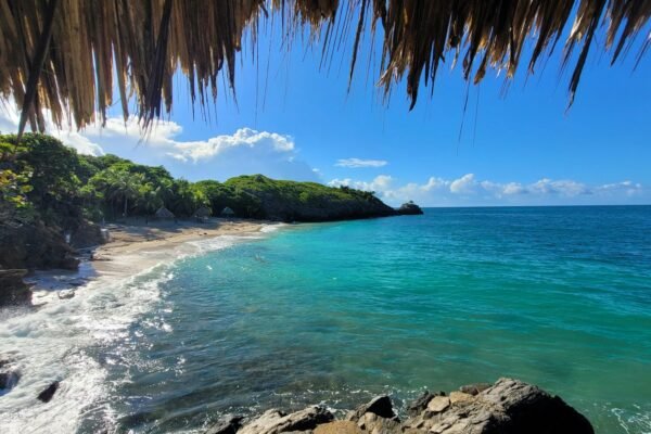 Tropisch strand met palmen op het eiland Roatán in Honduras