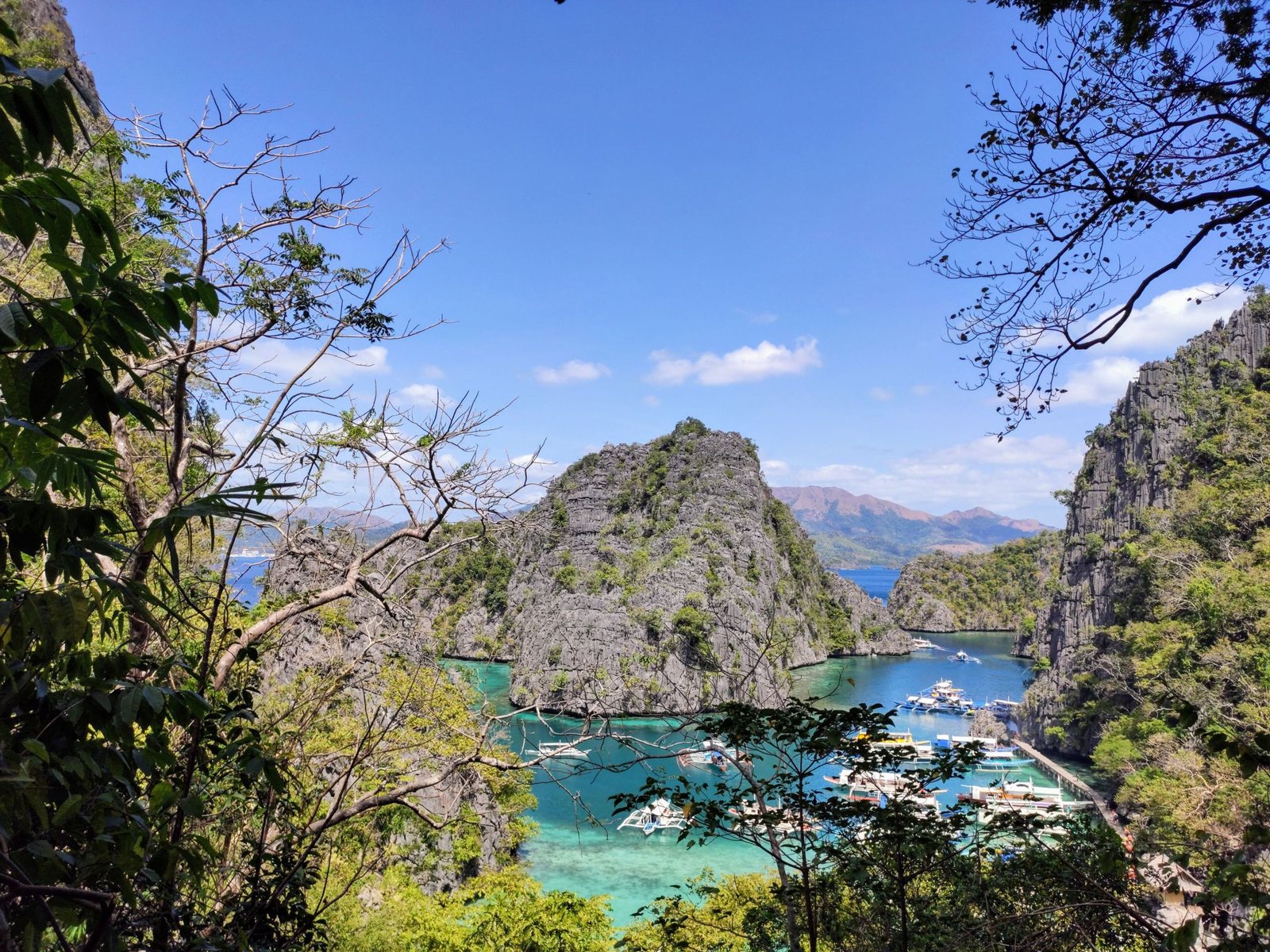 Uitzicht over de kalkrotsen en lagune bij Kayangan Lake in Coron