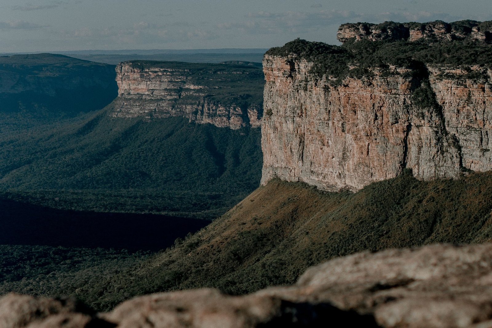 Steile zandstenen kliffen boven een groen dal in de Chapada Diamantina