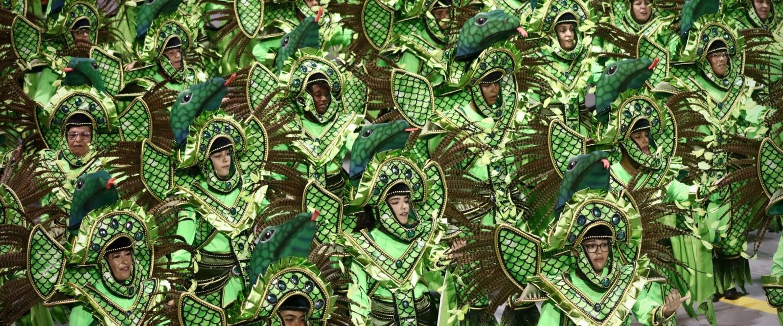 Sambaschool in groene kostuums tijdens de parade in het Sambódromo van Rio