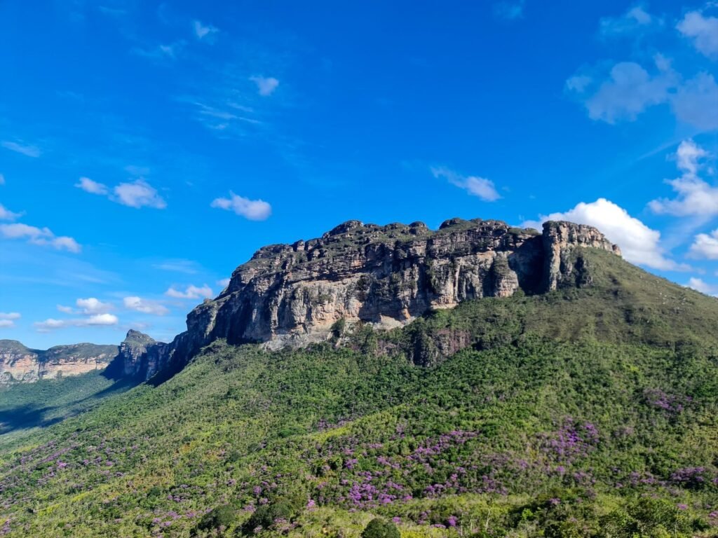 Tafelberg met groene hellingen onder een blauwe lucht in de Chapada Diamantina