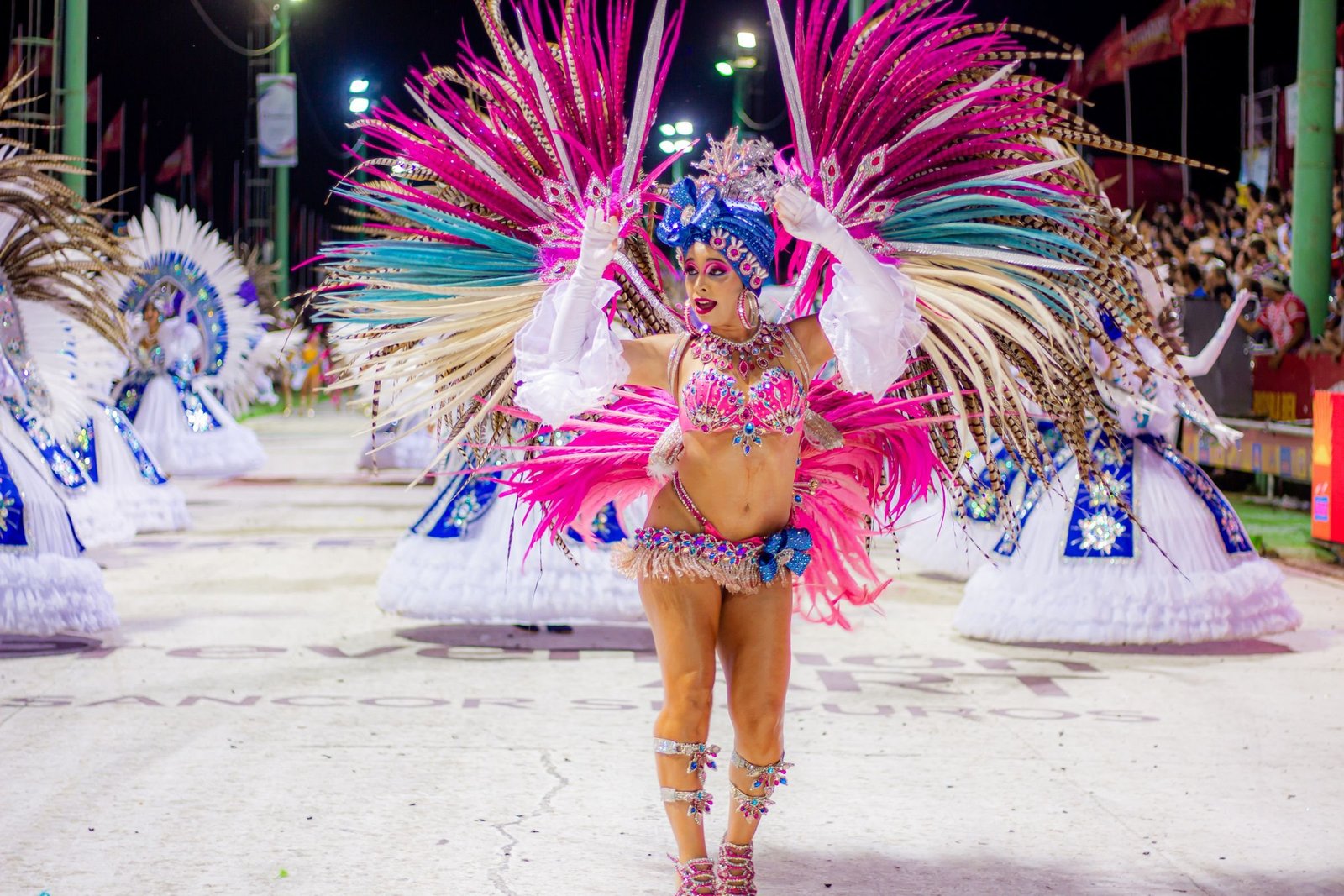 Danseres in een roze verenkostuum tijdens een carnavalsparade