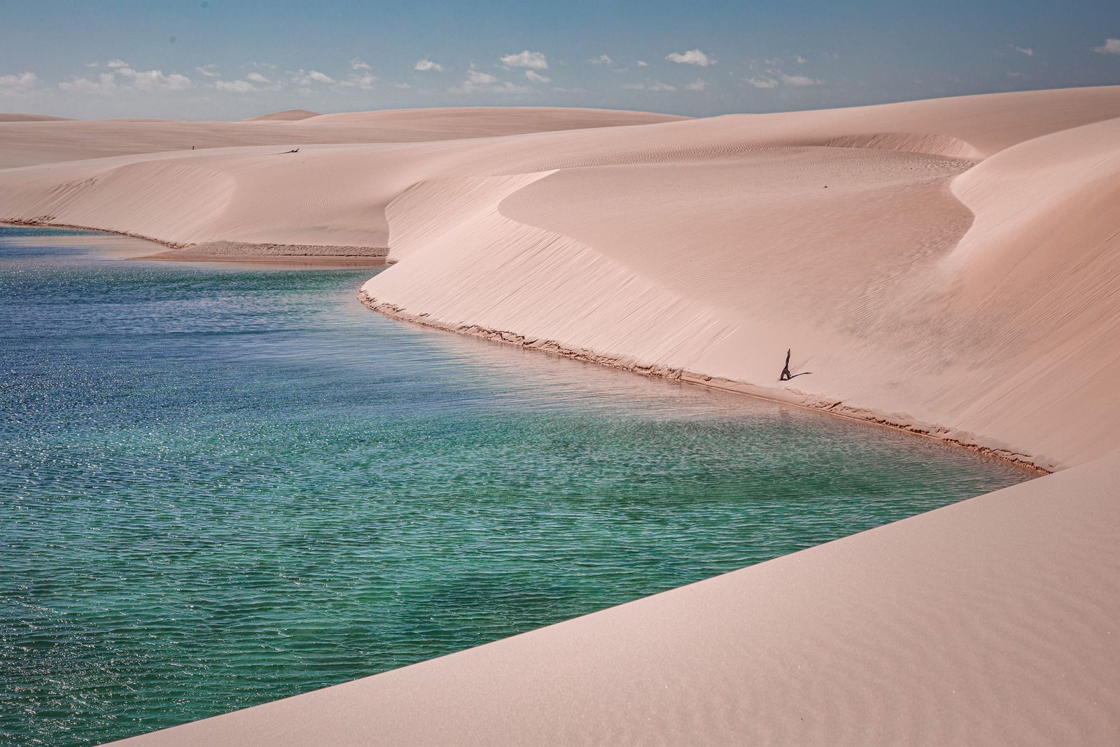 Witte zandduinen en een groene lagune in Lençóis Maranhenses