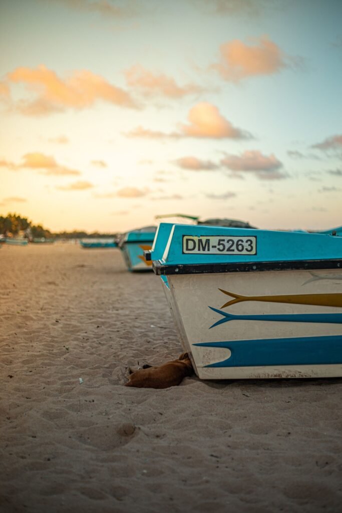 Vissersboten op het strand van Trincomalee bij zonsopkomst