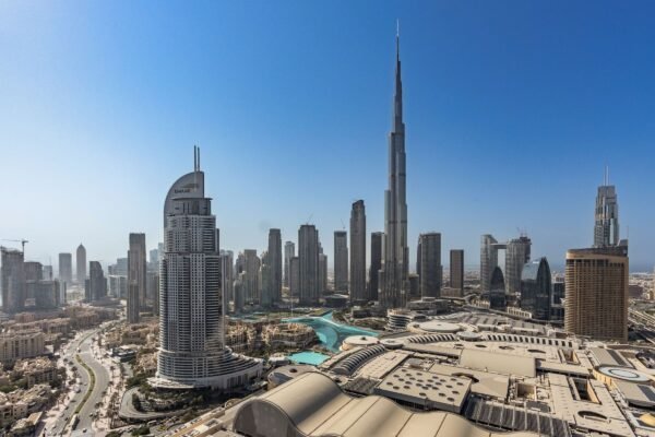 Downtown Dubai met de Burj Khalifa van bovenaf