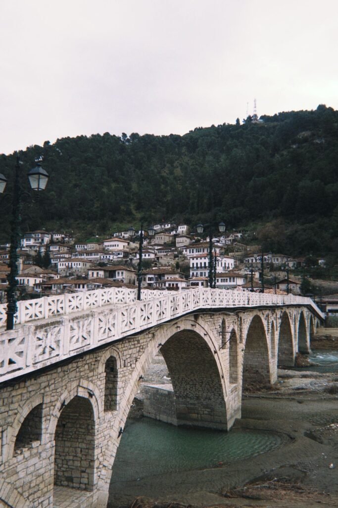 Stenen brug en huizen in Berat