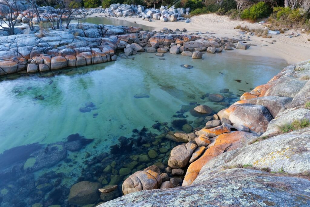 Rotsen en helder water bij de Bay of Fires