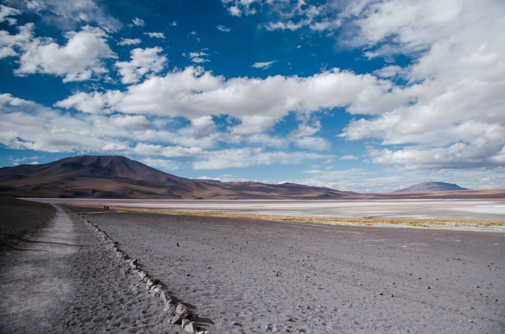 Weg langs een lagune op de Altiplano