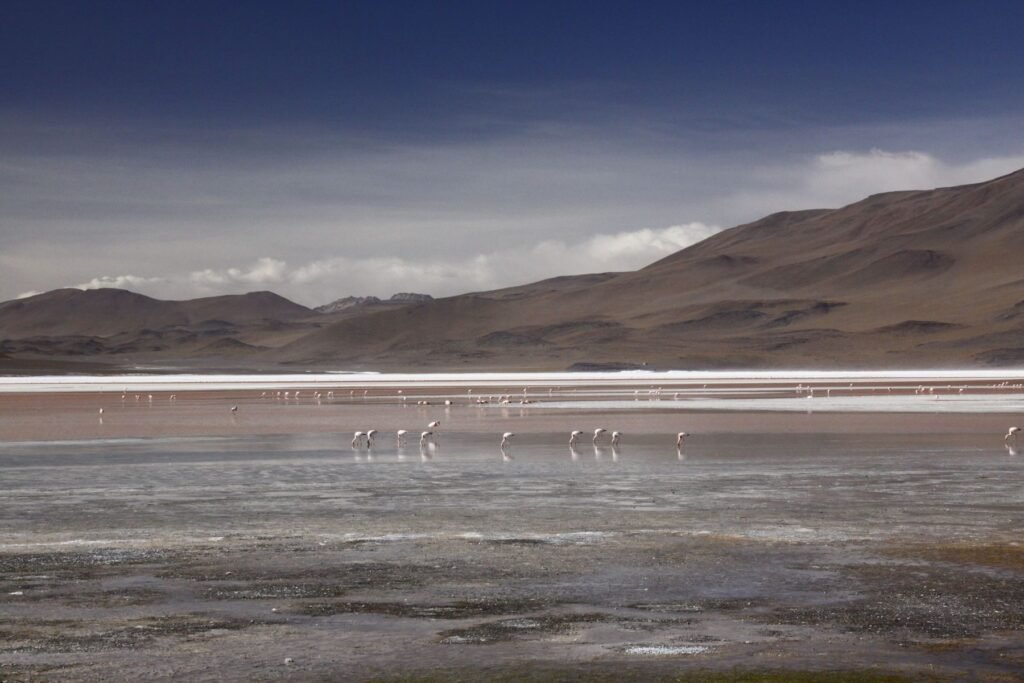 Lagune onder donkere wolken in het zuidwesten van Bolivia