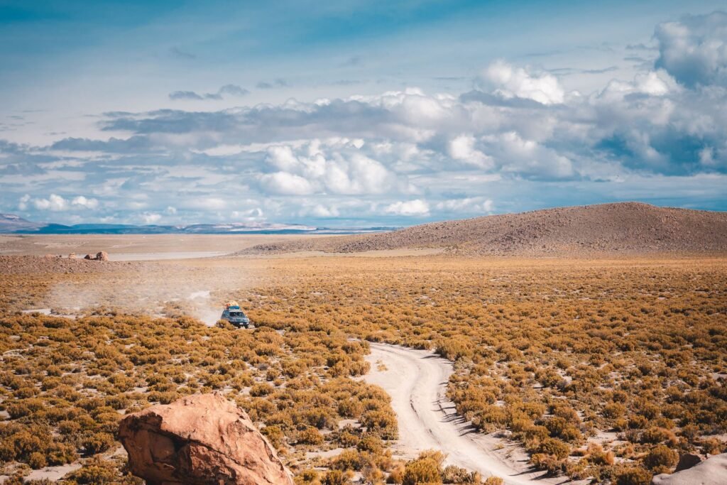 Onverharde weg over de Altiplano in Bolivia