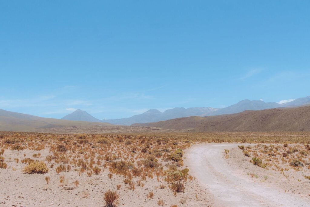 Onverharde weg door de Atacama-woestijn richting de vulkanen