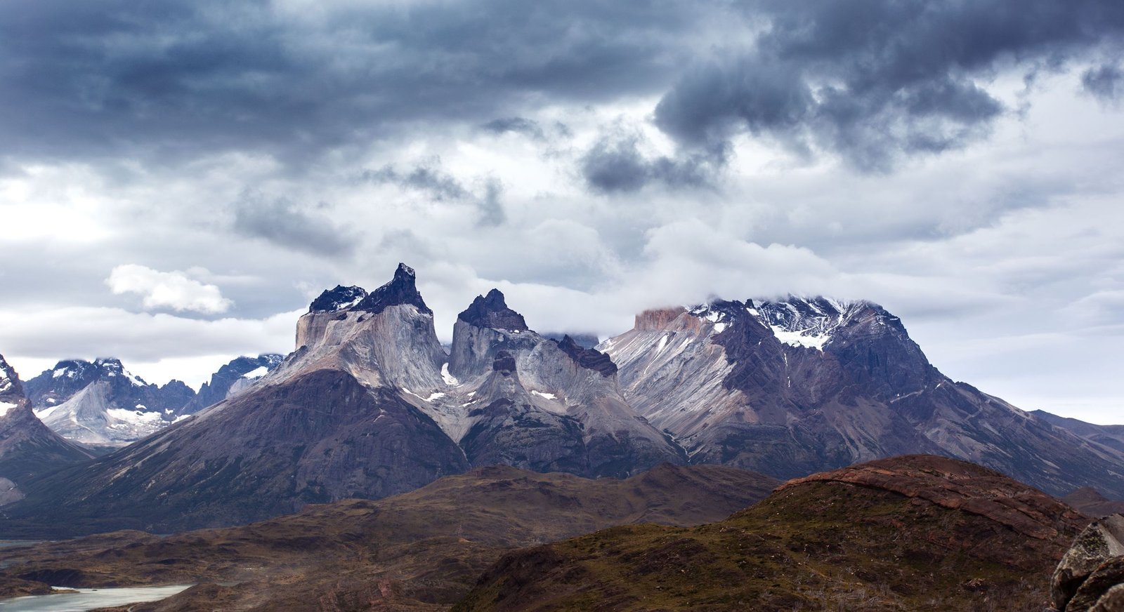 De Cuernos del Paine boven de steppe van Torres del Paine