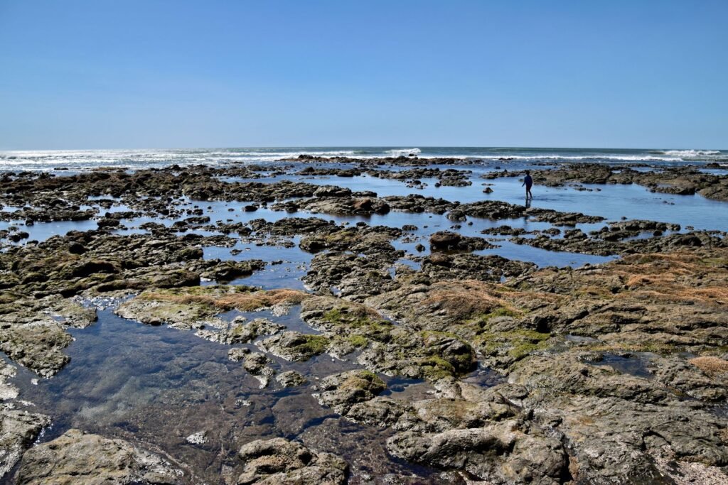 Rotsachtige kust bij Tamarindo onder een blauwe lucht