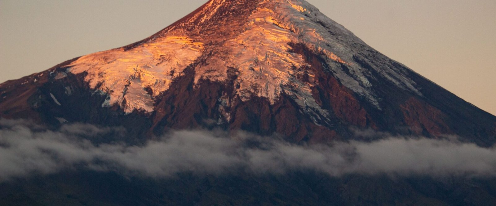 De vulkaan Cotopaxi oranje gekleurd door de ondergaande zon
