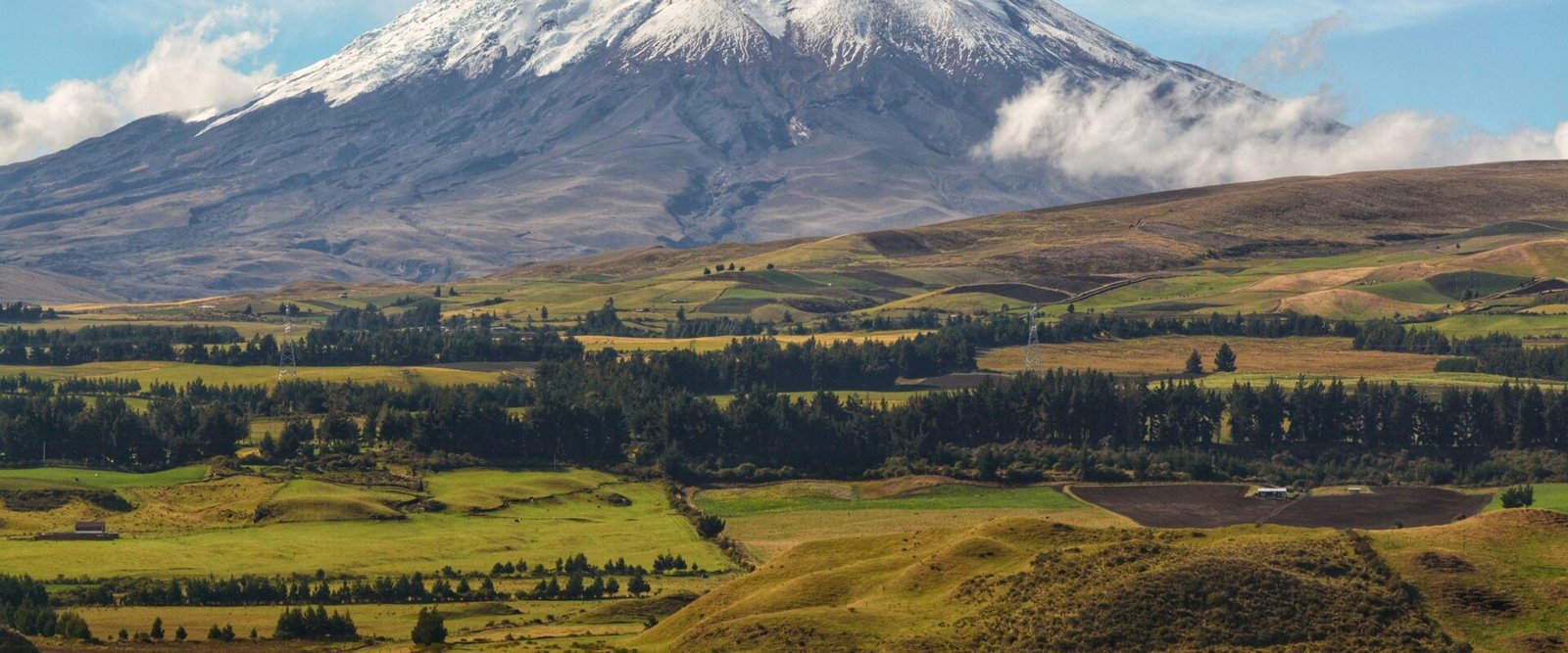 De besneeuwde vulkaan Cotopaxi boven groene velden