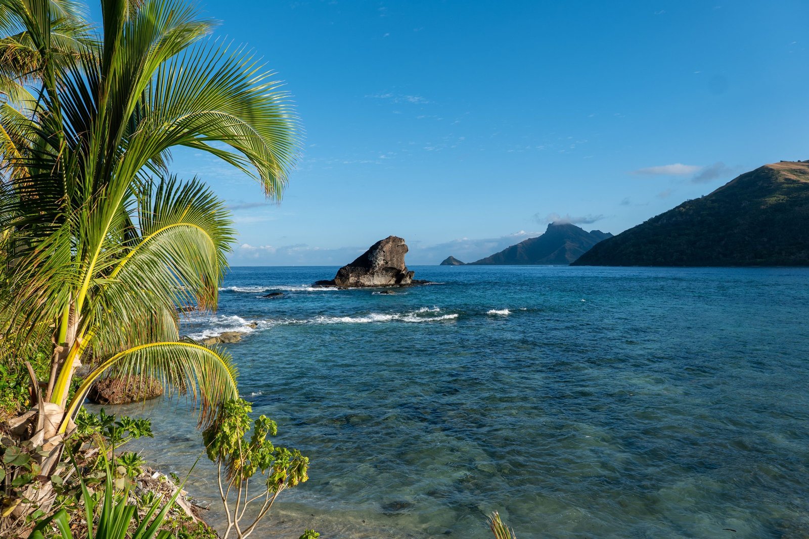 Palmbomen en groene eilanden aan de kust van Fiji