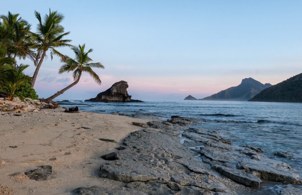 Rotsig strand met palmbomen in Fiji