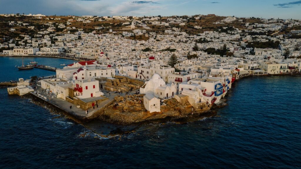 Mykonos-stad van bovenaf