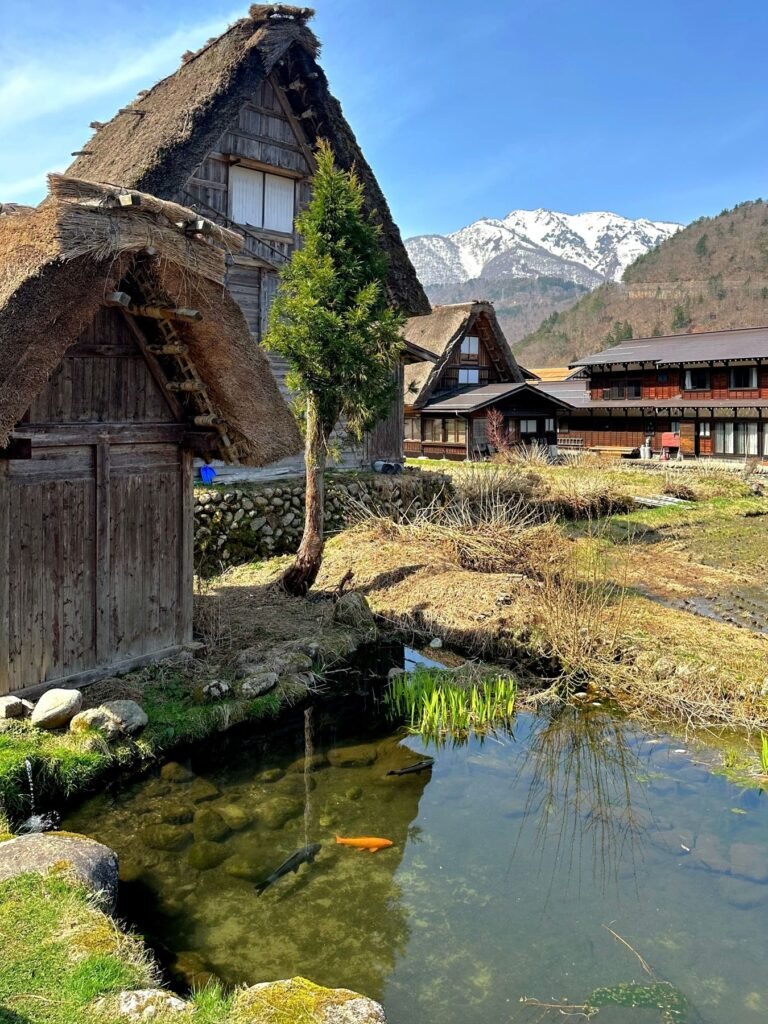 Gassho-huizen en vijver in Shirakawa-go