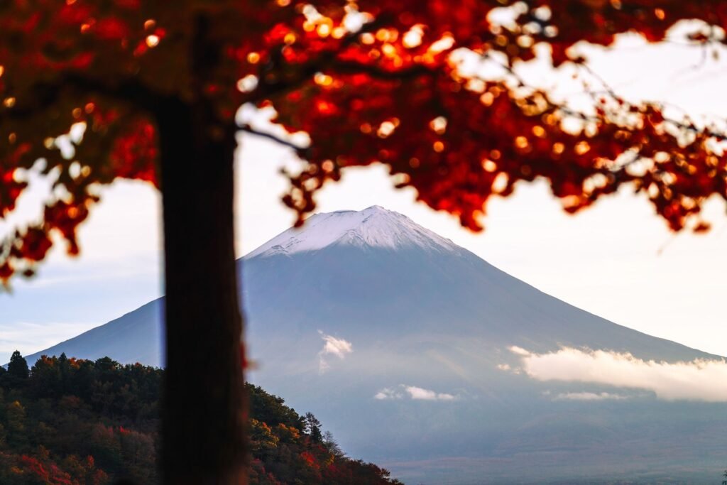 Mount Fuji achter rode herfstbladeren
