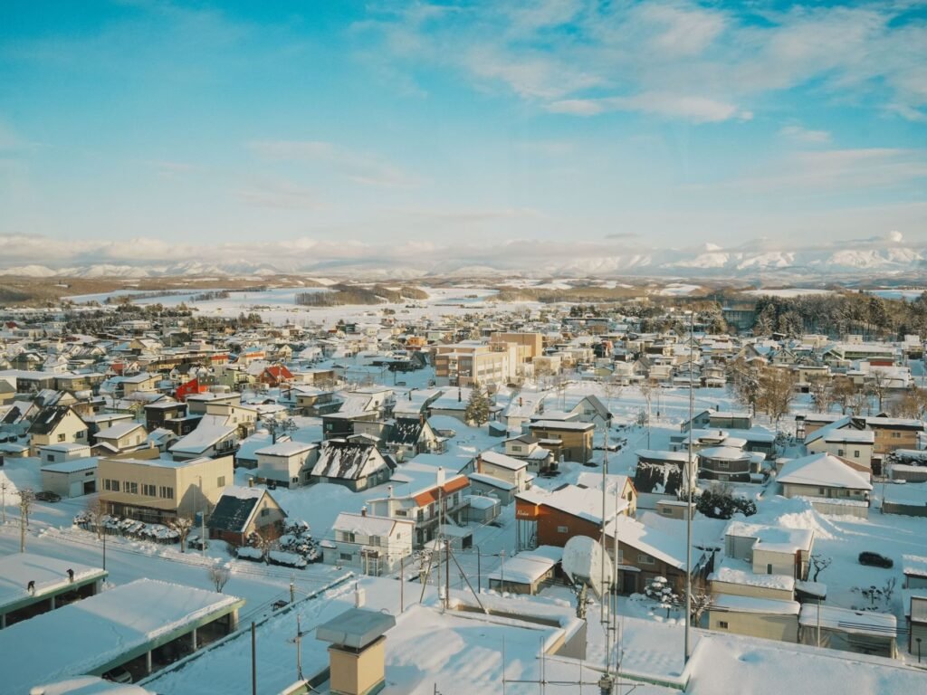 Besneeuwd stadje op Hokkaido