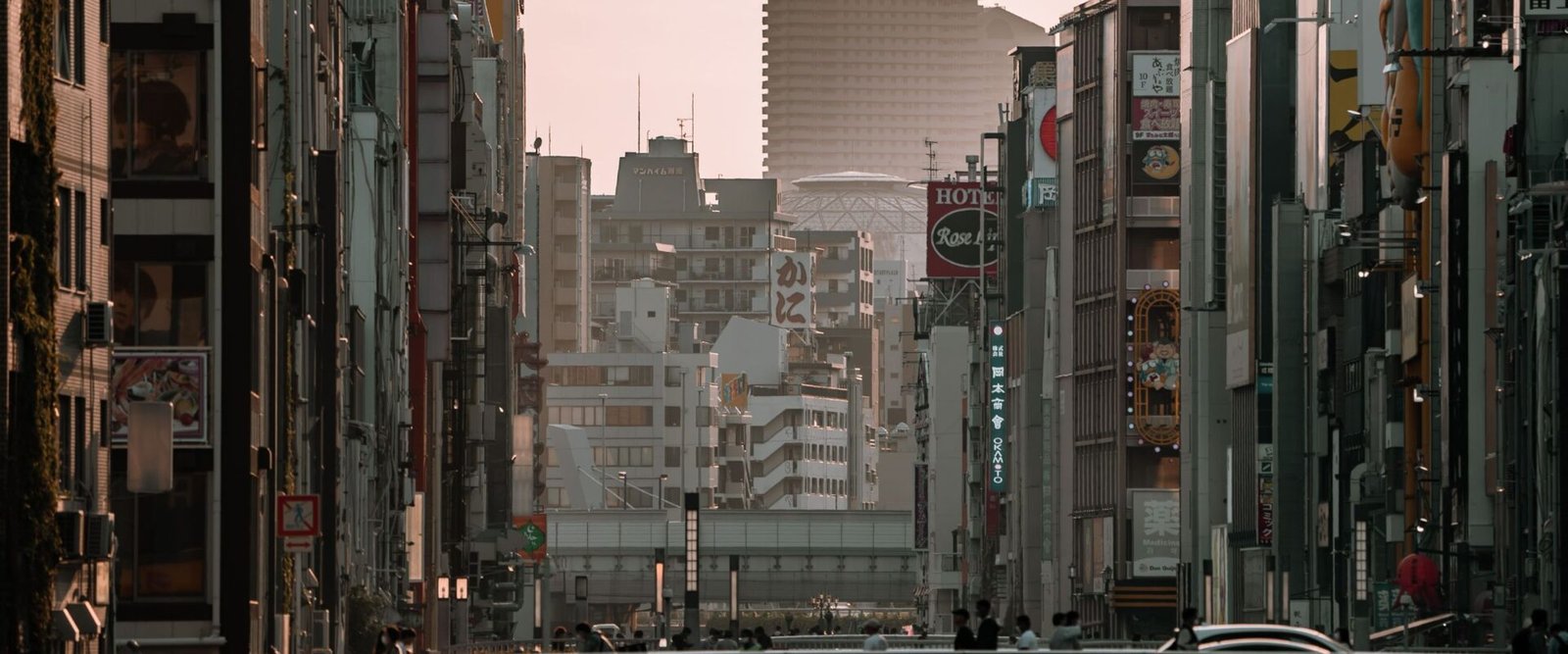 Osaka met een brug bij schemering