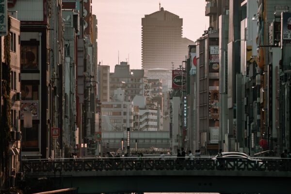 Osaka met een brug bij schemering