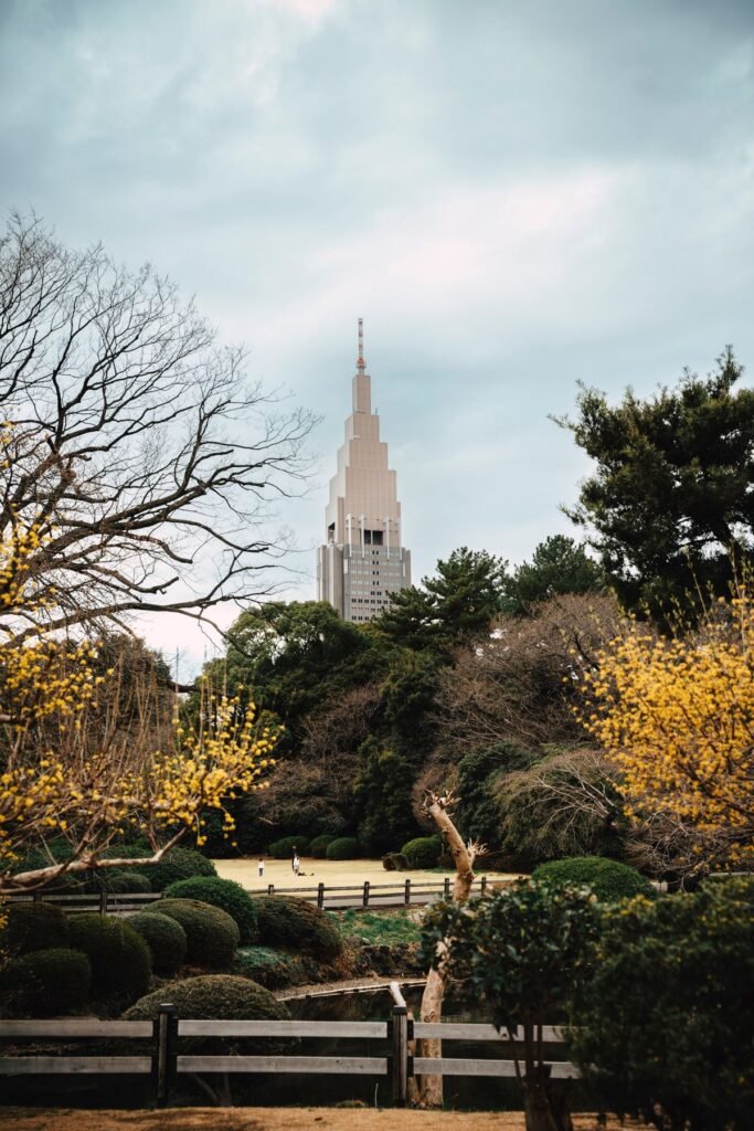 Shinjuku Gyoen met een wolkenkrabber erachter