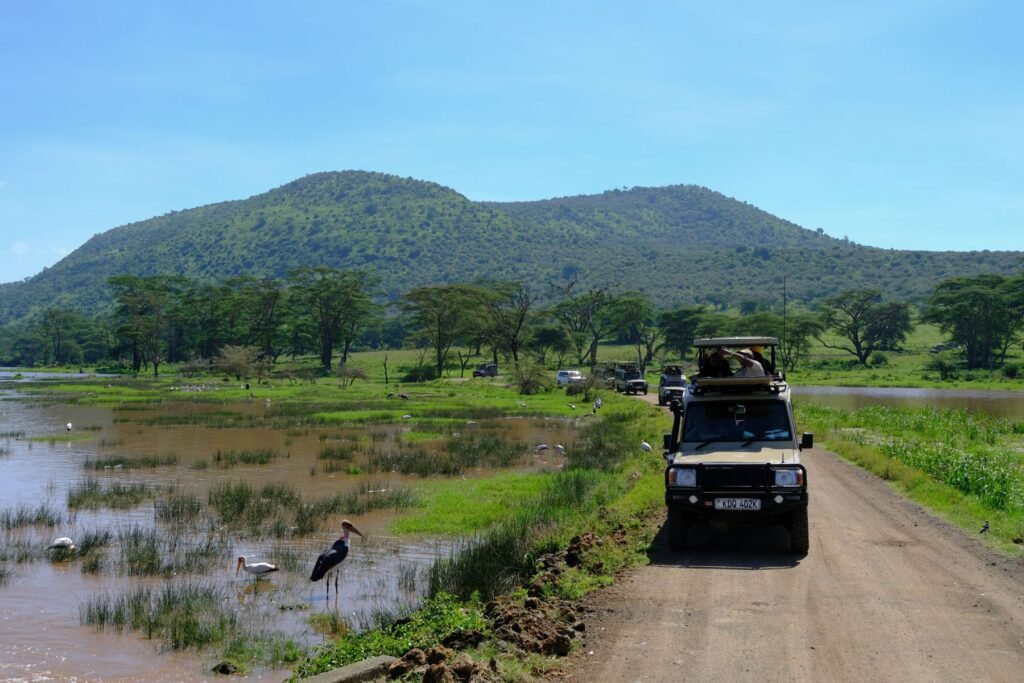 Safarijeep langs het meer van Nakuru