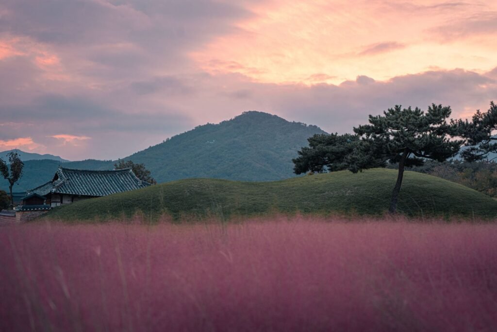 Grafheuvel en bergen bij Gyeongju