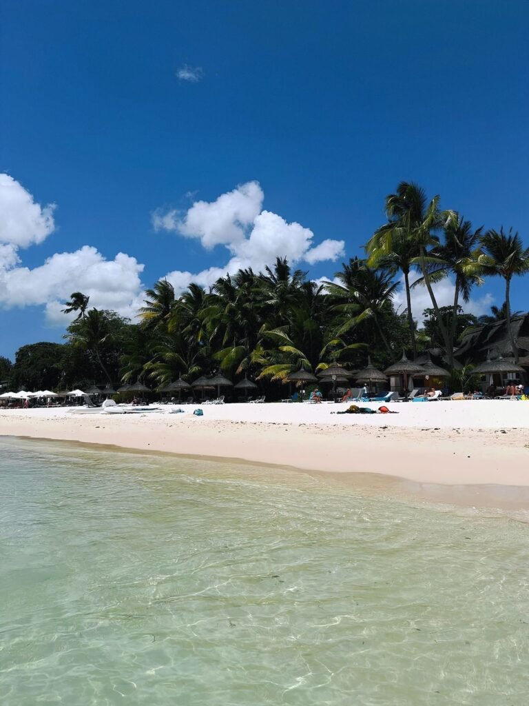 Casuarinabomen langs het witte strand van Trou aux Biches