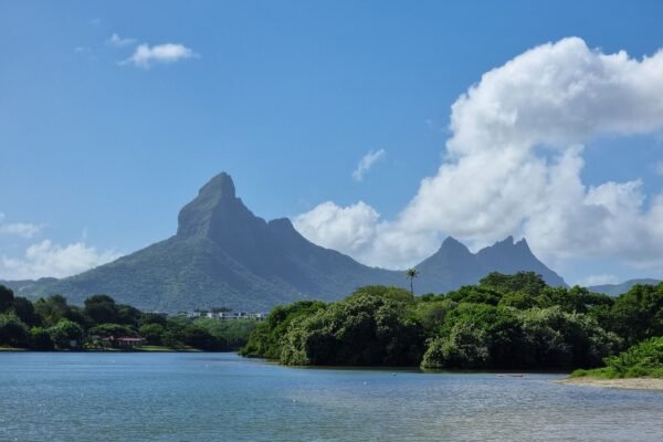 Rivier met de bergen van Mauritius op de achtergrond