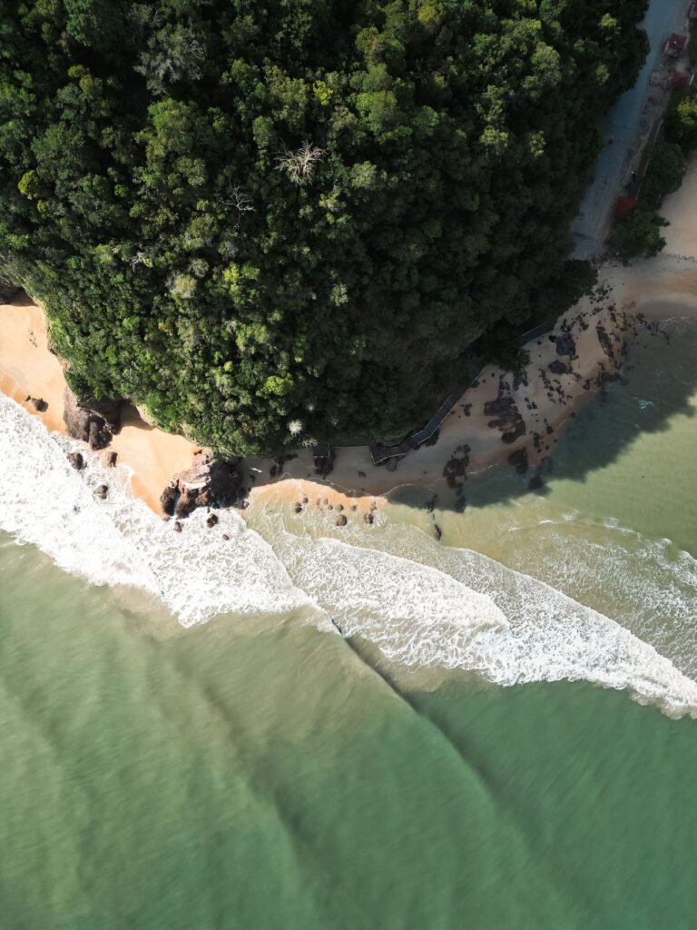 Strand en jungle aan de Maleisische kust van bovenaf