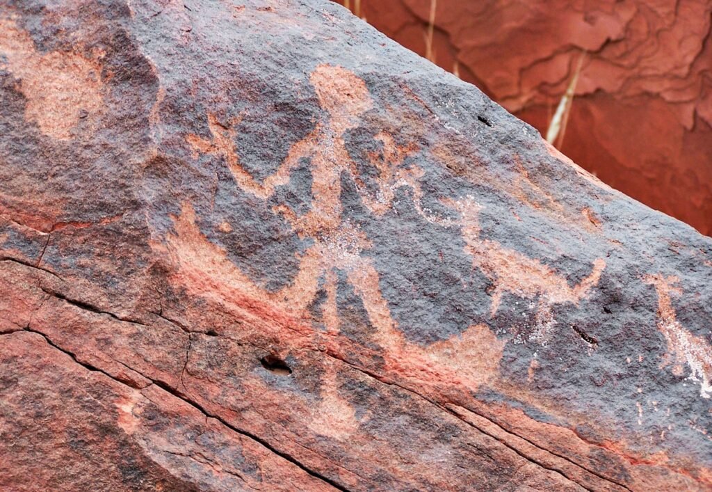 Rotsgravures van dieren op een rode zandsteenplaat bij Twyfelfontein