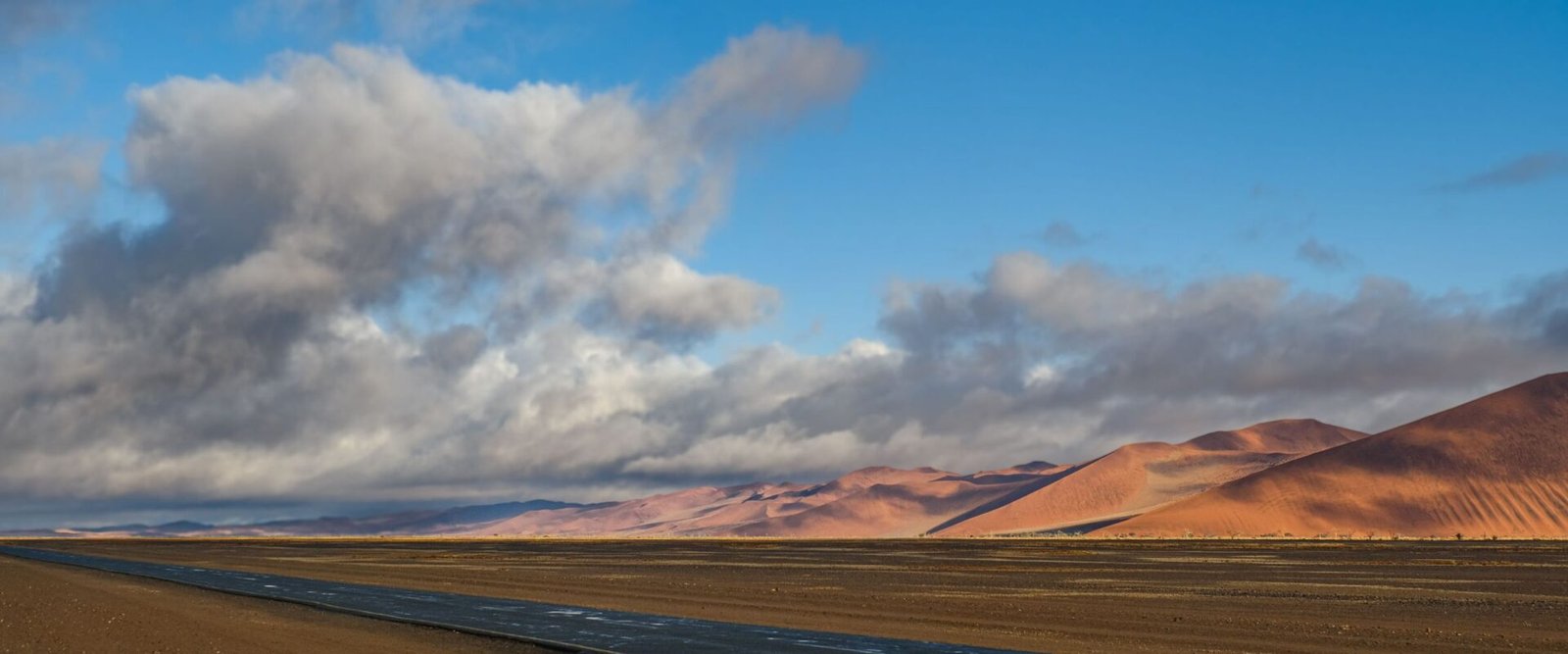 Asfaltweg door de Namib met rode duinen in de verte
