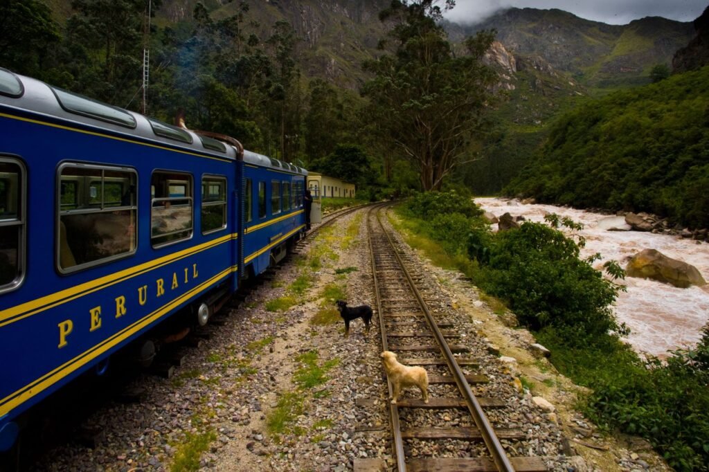Een trein langs de rivier de Urubamba op weg naar Machu Picchu