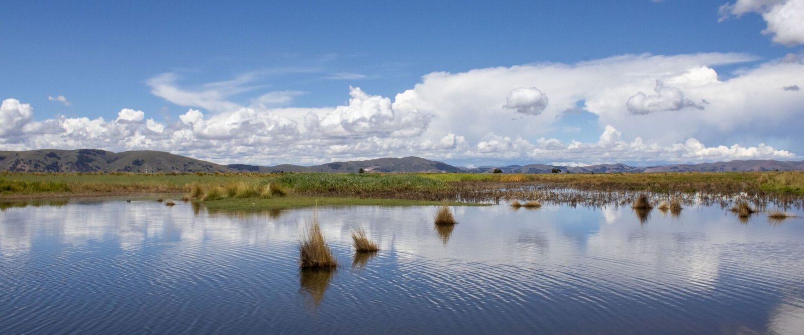 Hooglandmeer in de Andes onder een blauwe lucht