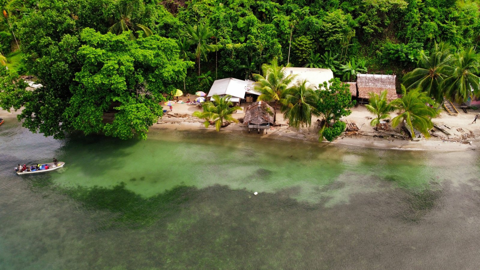 Groene tropische kust bij Salamaua in Papoea-Nieuw-Guinea