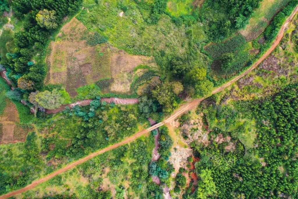 Groene landbouwgrond in de hooglanden bij Karatu vanuit de lucht