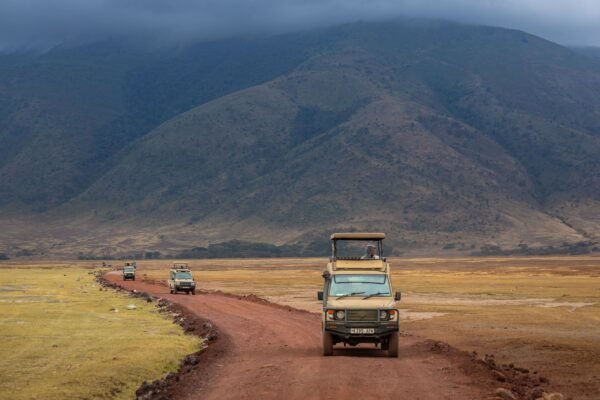 Safariauto’s op een weg in de Ngorongoro-krater