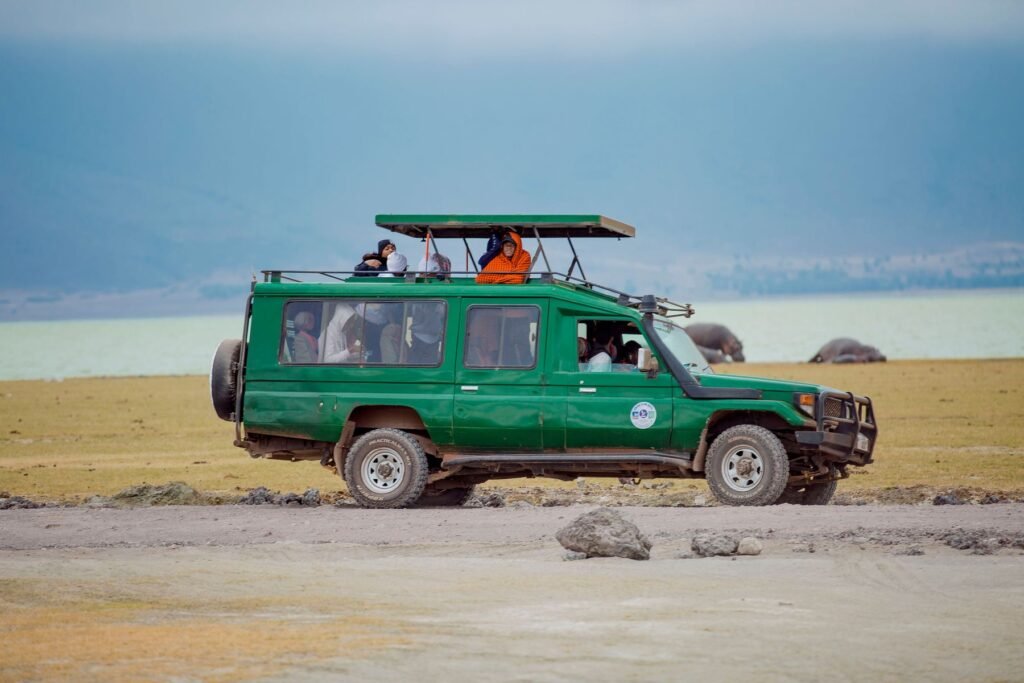Safariauto aan de oever van een meer
