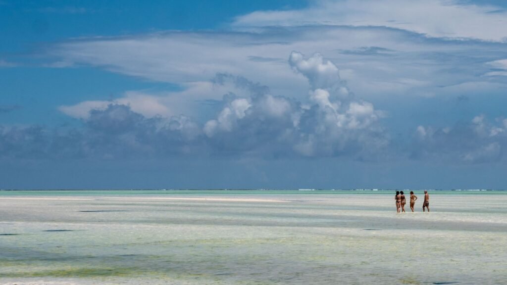 Kalme zee bij eb voor de kust van Zanzibar