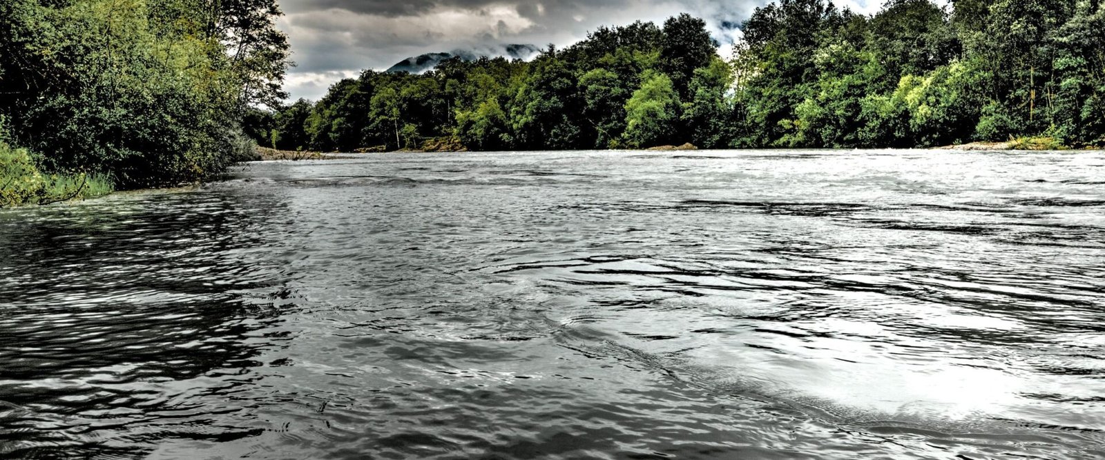 Brede rivier tussen bomen onder een bewolkte lucht