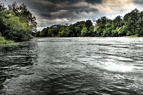Brede rivier tussen bomen onder een bewolkte lucht